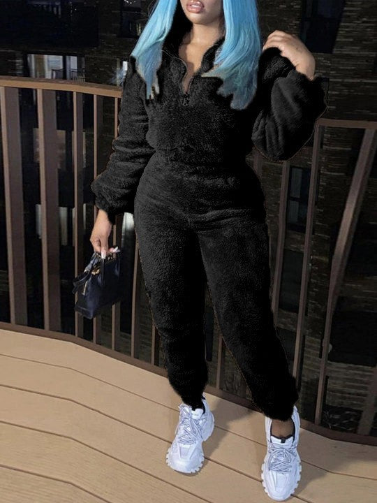 Women's Solid Color Long-sleeved Trousers Plush Fashion Casual Suit