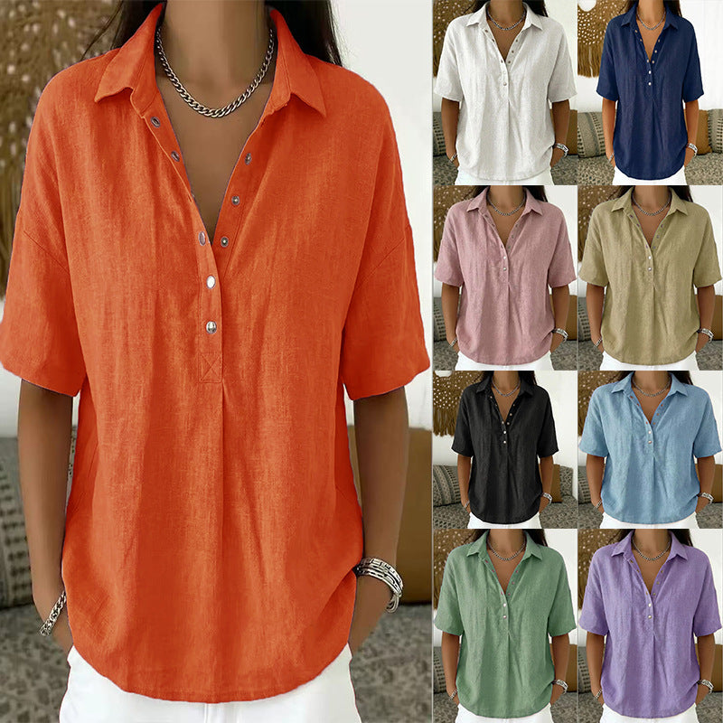 Women's Summer Loose Snap Fastener Lapel Sleeve Solid Color Women's T-shirt