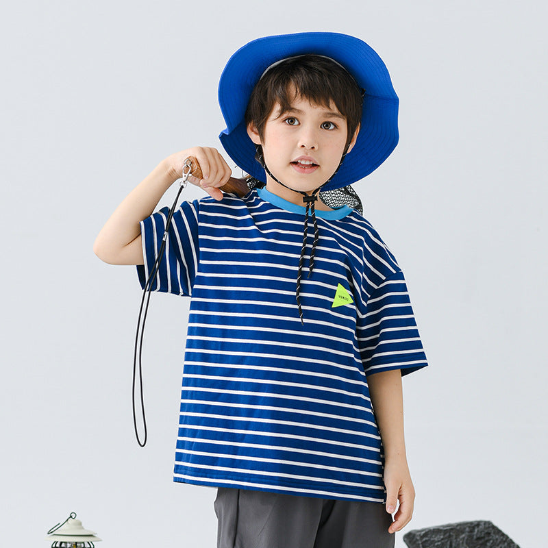 Mountain Contrast Color Striped Cotton Round Neck Children's T-shirt