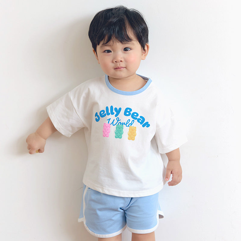Children's Solid Color Bear Printing Two Casual Fashion Fashionable Short Children's Suit