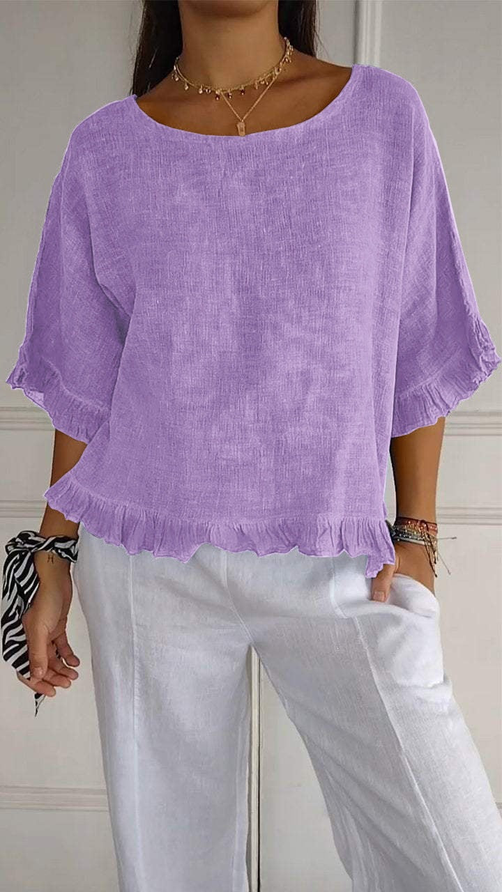 Women's Sleeve Stringy Seedge Round Neck Cotton Linen Solid Color Loose Shorts