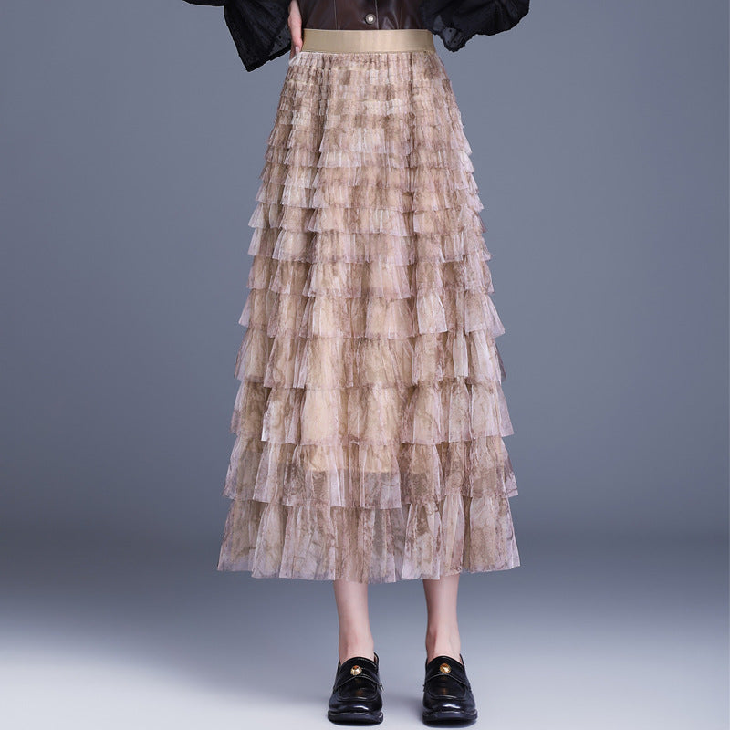 Women's Design Gradient Color Mesh Autumn Cake Dress A- Skirt
