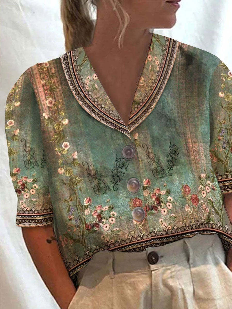 Women's Collar Button Casual Long Half Sleeve Cotton Blouse