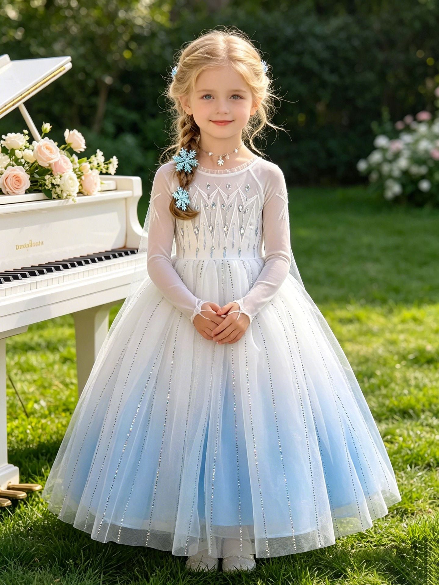 Beads Veil Movie Elsa Style Ice Snow Princess Birthday Piano Children's Dress