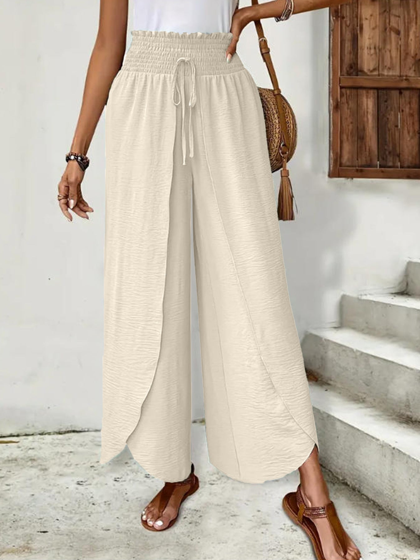 Women's Elegant Split Trousers Loose Waist Drawstring Casual Pants
