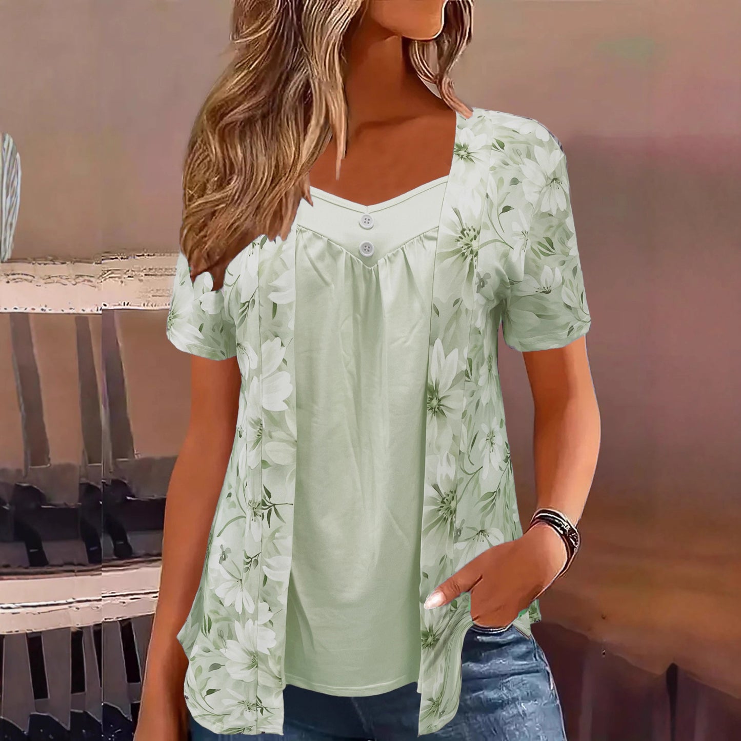 Women's Fake Two Pieces Sleeve Printed Fashion Large Size T-shirt