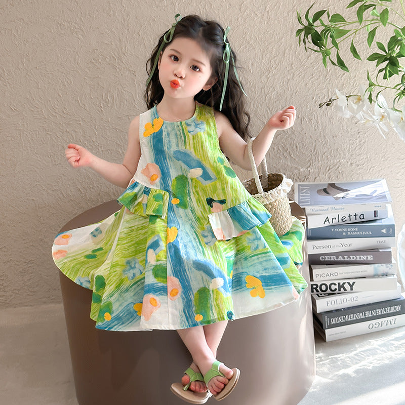 Children's Western Style Fashion Sleeveless Beach Skirt Cotton Children's Dress