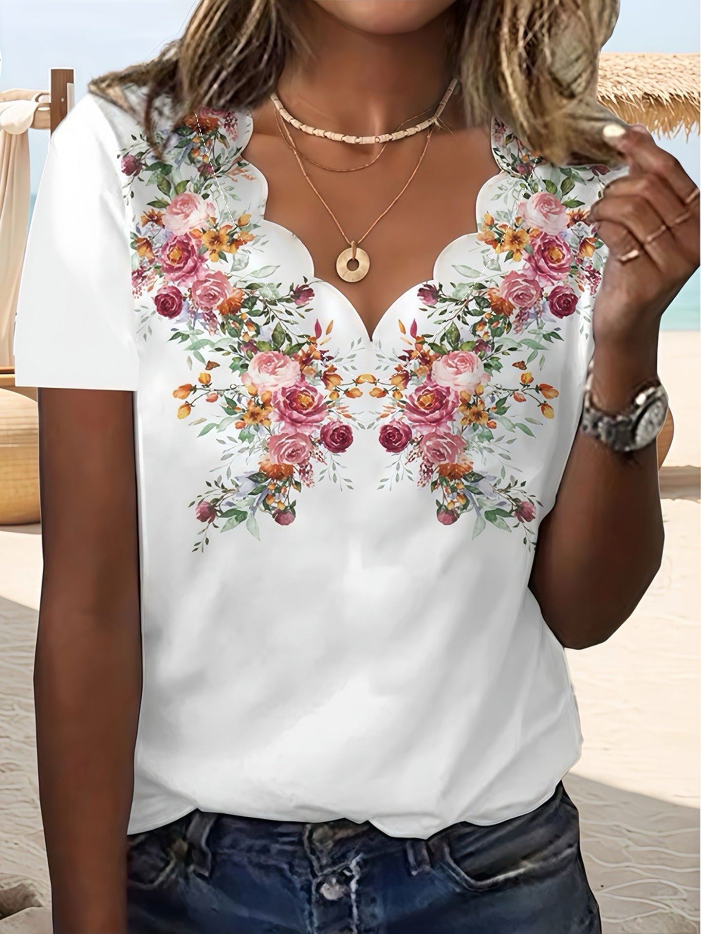 Slouchy Women's Summer Floral Wave Sleeve Large Size T-shirt
