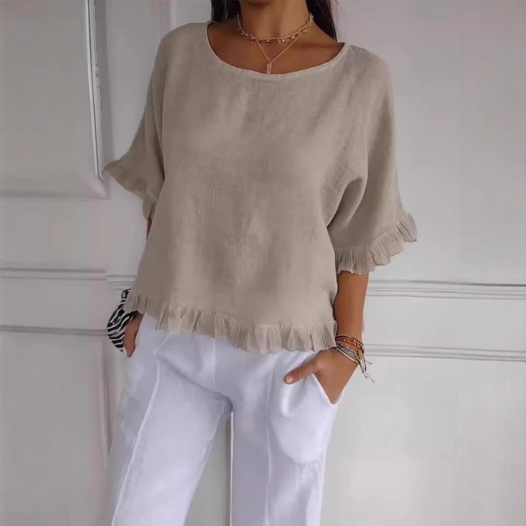 Women's Sleeve Stringy Seedge Round Neck Cotton Linen Solid Color Loose Shorts