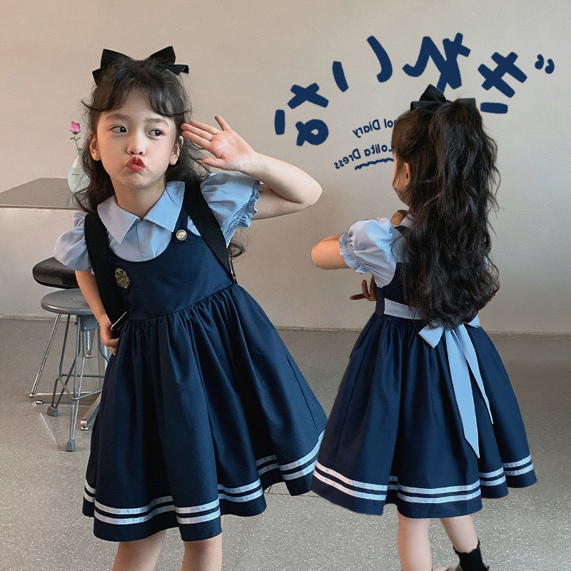 Summer Fake Two-piece Preppy Style Bubble Sleeve Children's Dress