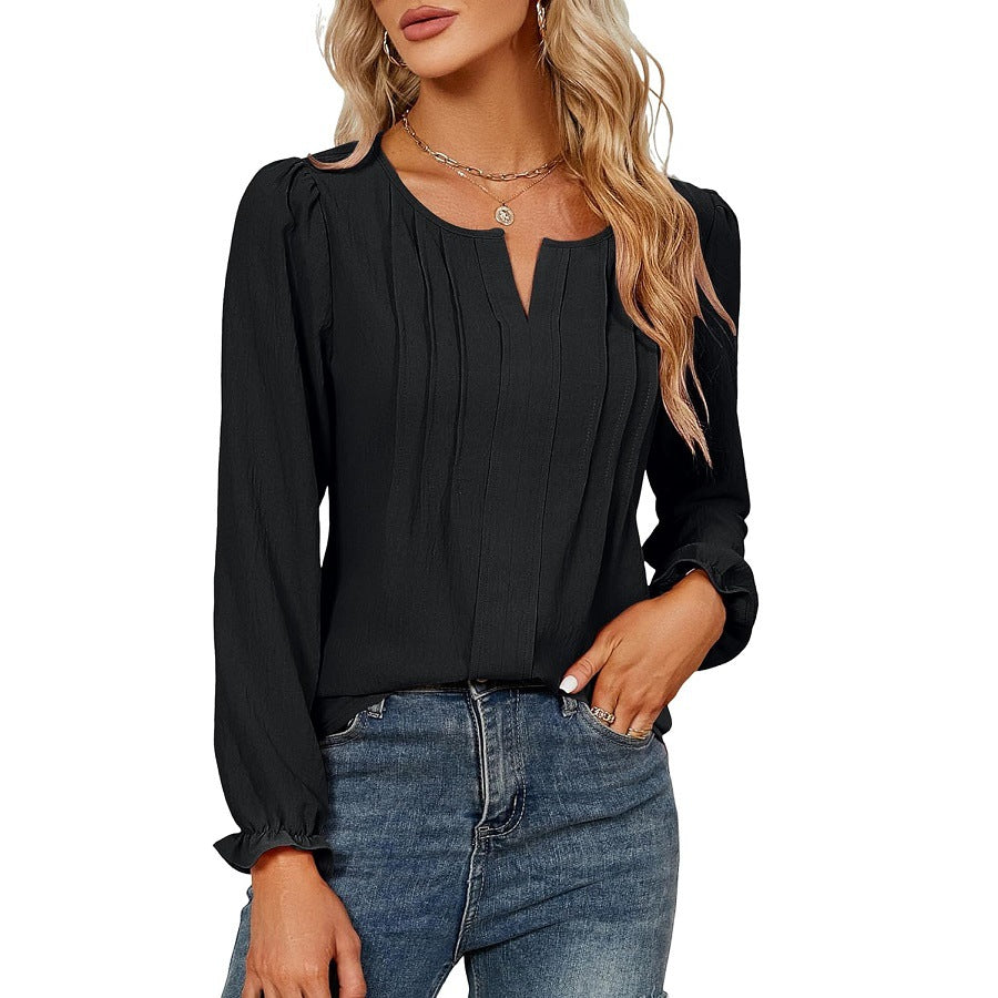 Women's Casual Solid Color Long Sleeve Stripes Lace Shirt, Chiffon Shirt
