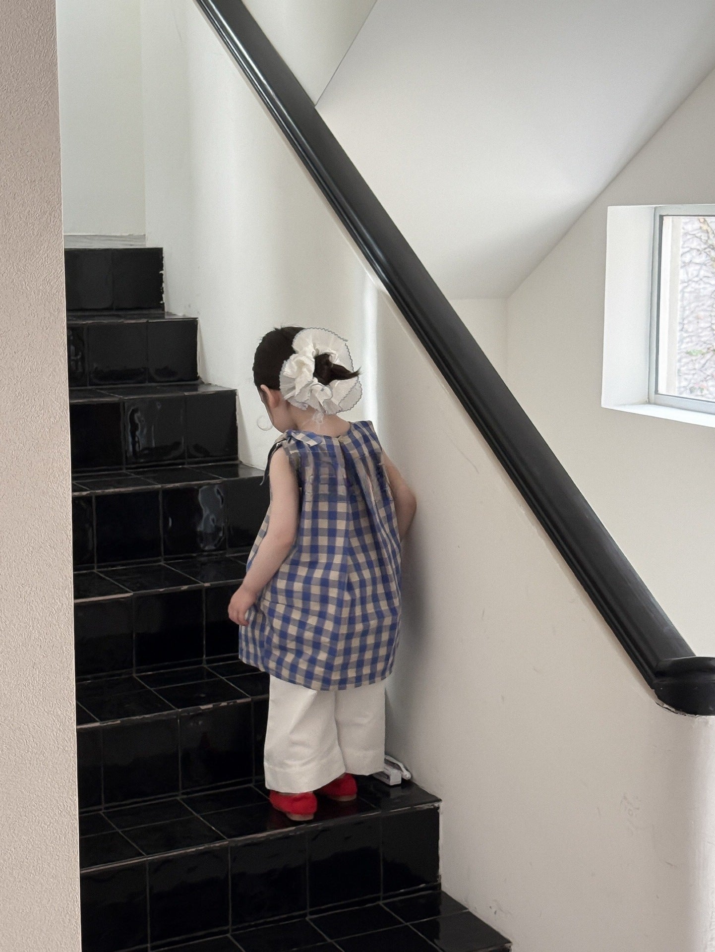 Blue Plaid White Wide Summer Korean Children's Dress