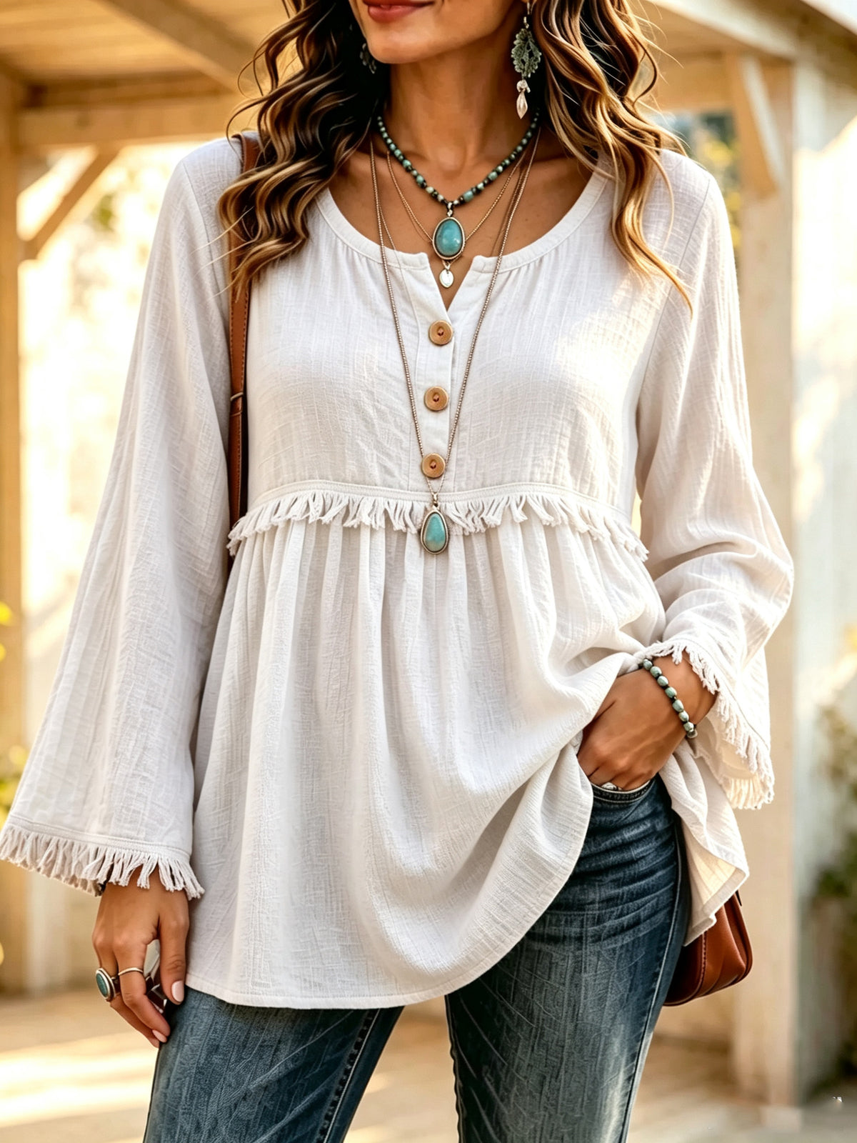 Women's Casual Loose Button Fashion Tassel Solid Color Tops