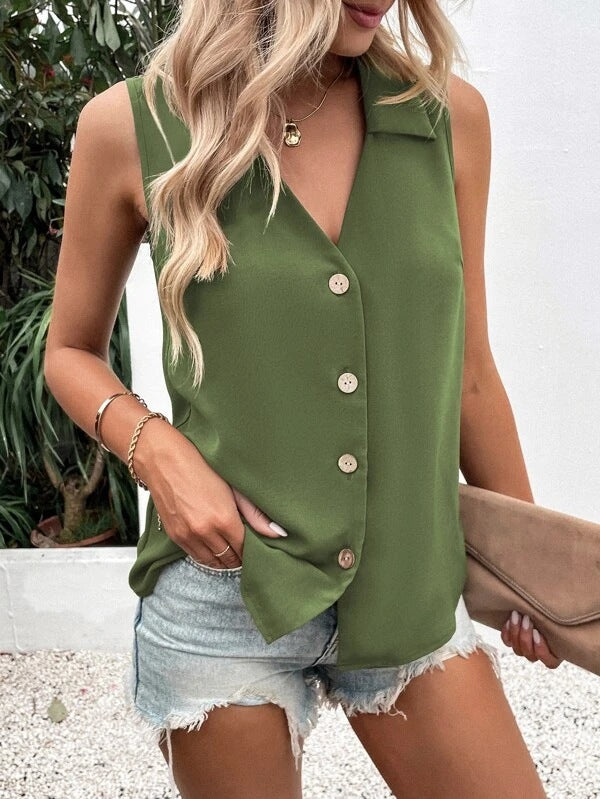 Women's Summer Solid Color Loose Sleeveless Button Clothing