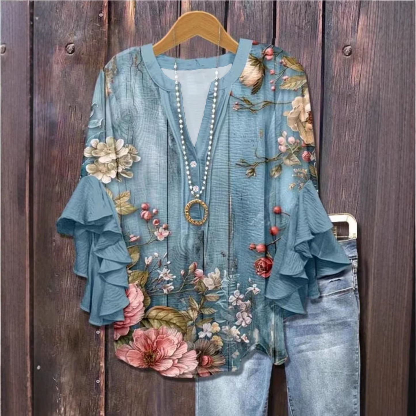 Women's Creative Flower Element Digital Printing Casual Tops