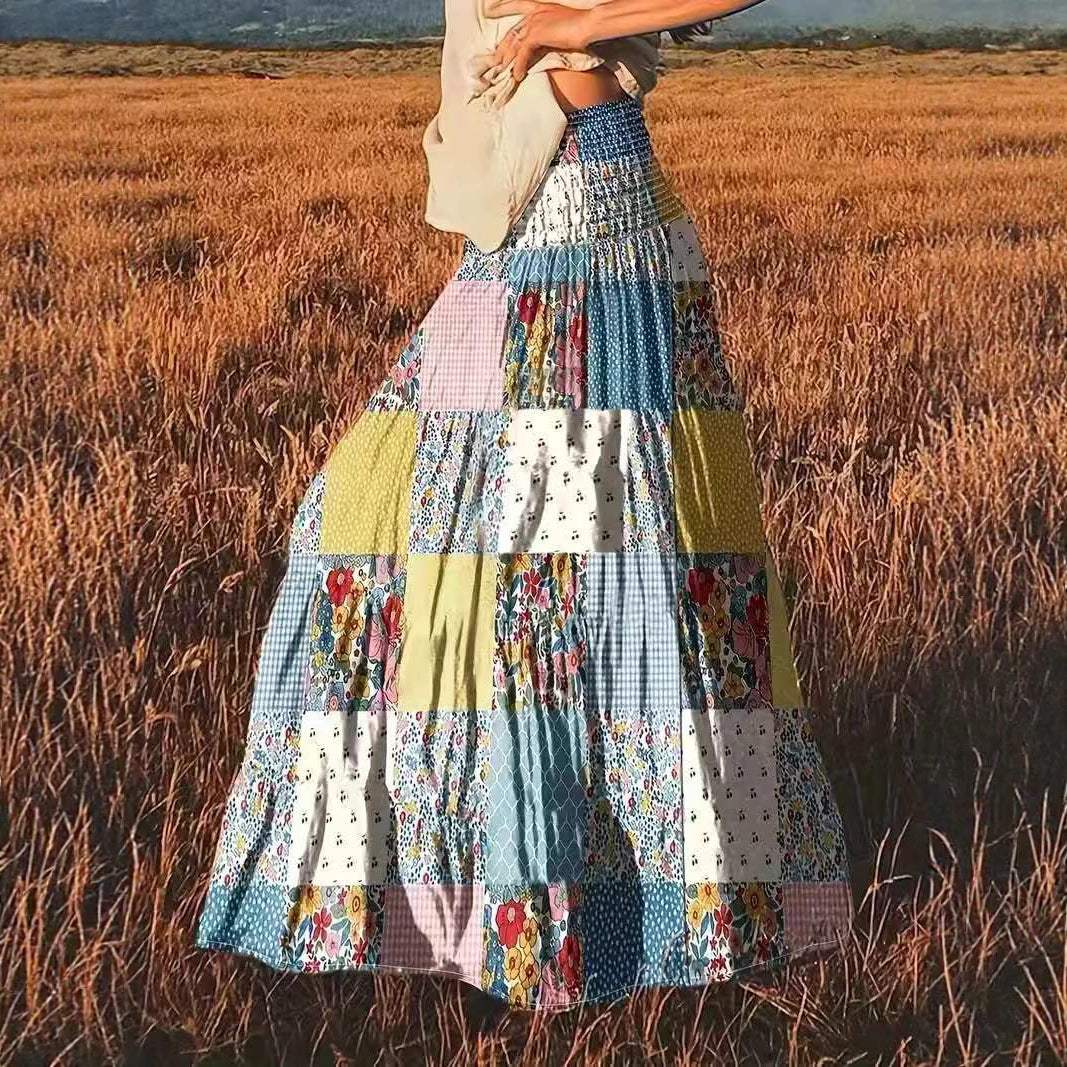 Women's Printed Stitching Popular Floral Long Skirt