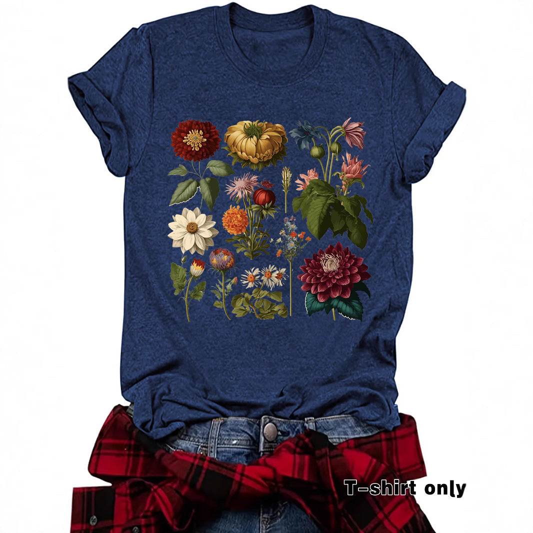 Graceful Floral Print Sleeve Loose Fashion Women's T-shirt