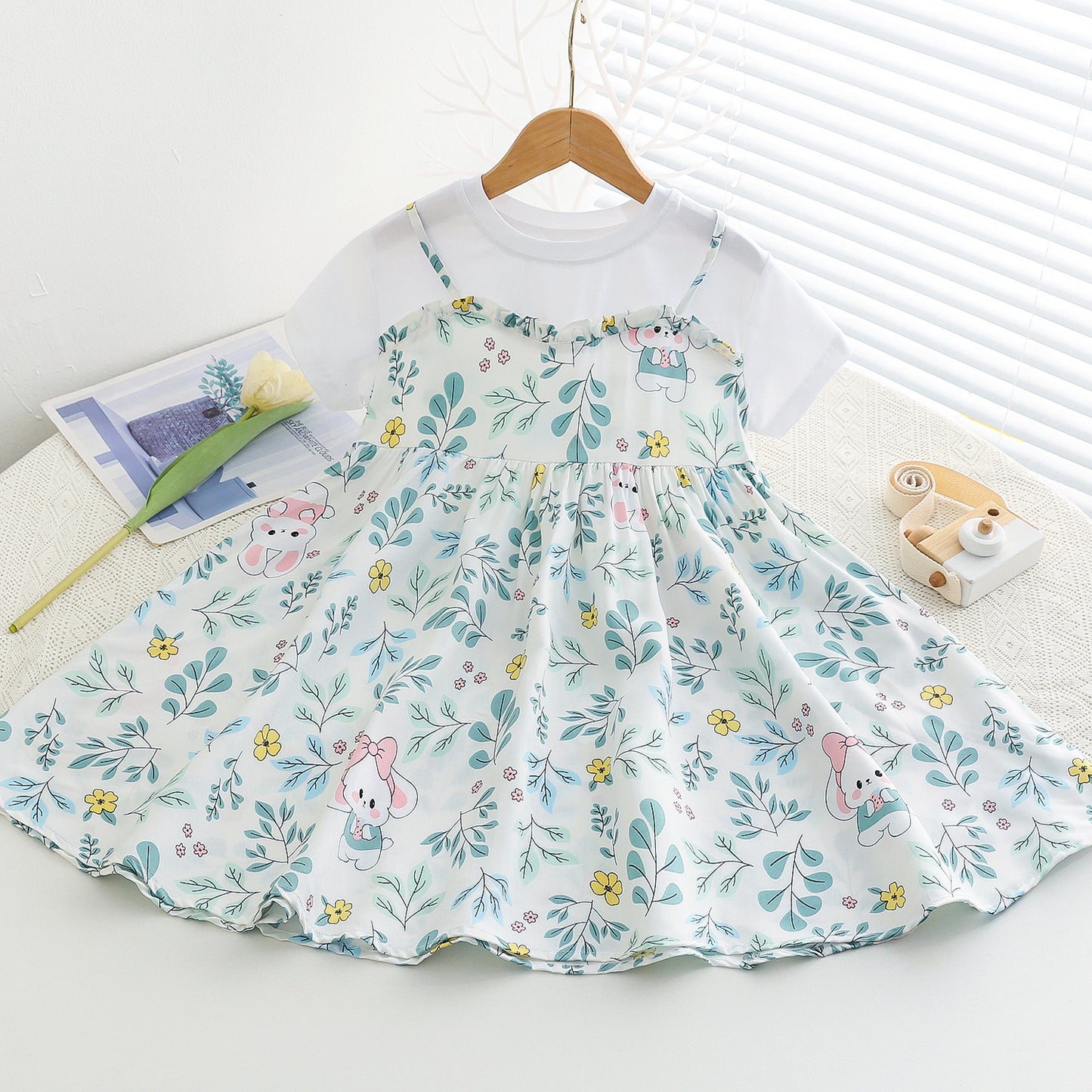 Children's Large Cotton Silk Short Sleeve Fake Two Pieces Artificial Summer Children's Dress