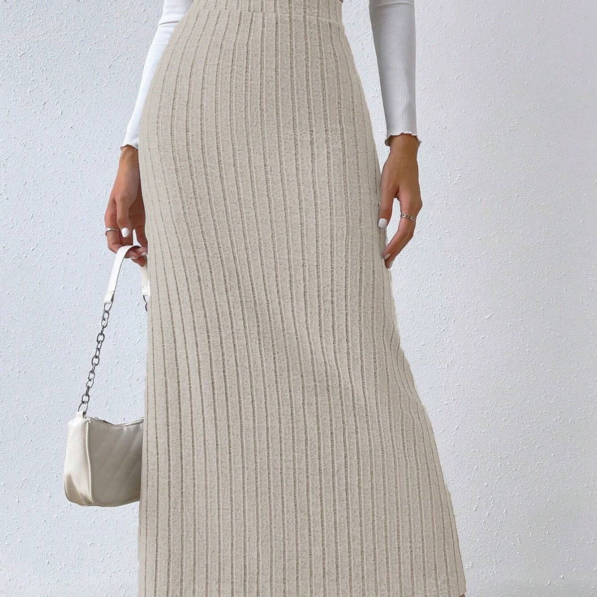Women's Waist Side Slit Slim Knit Solid Skirt