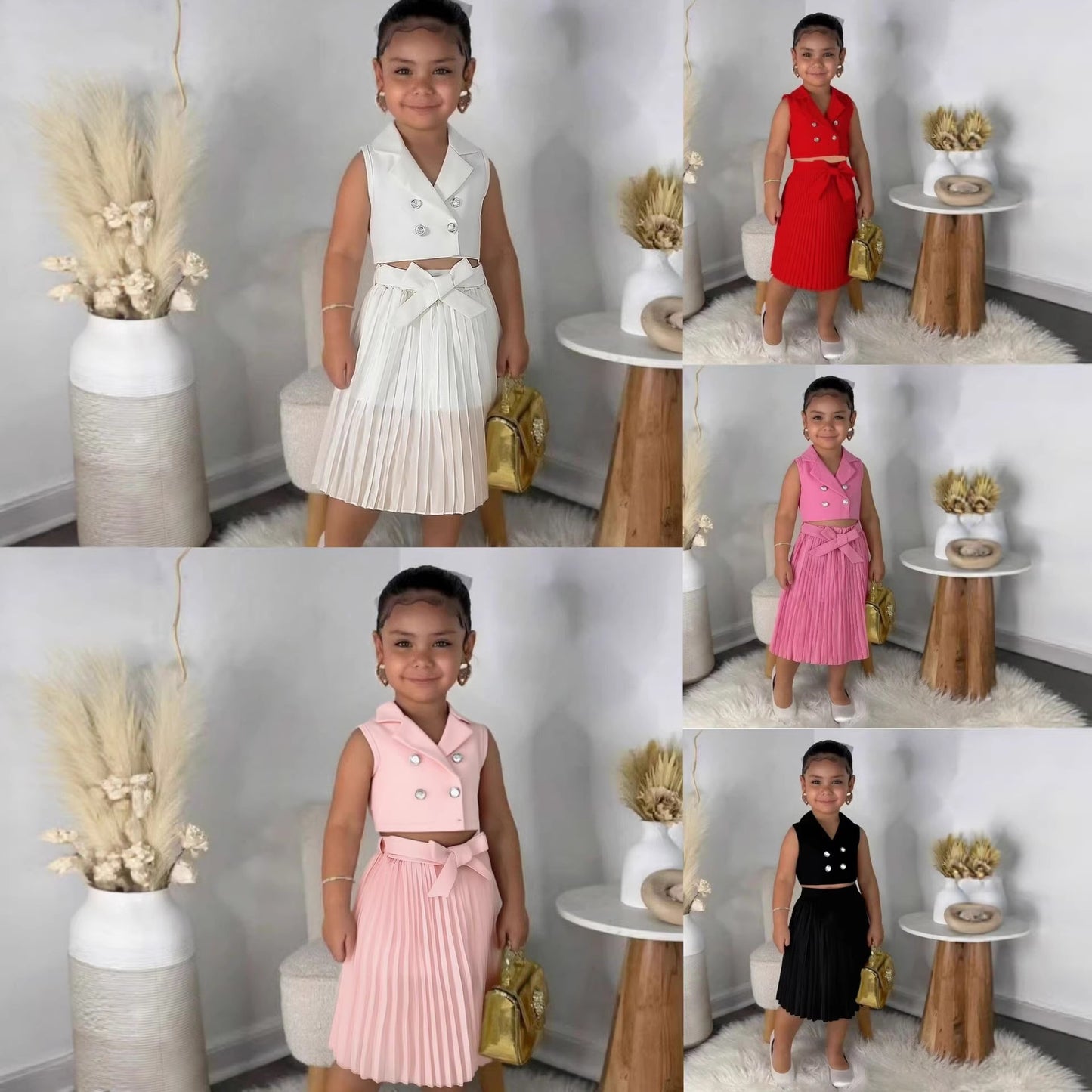 Fashion Tailored Collar Sleeveless Top Pleated Skirt Two-piece Children's Suit