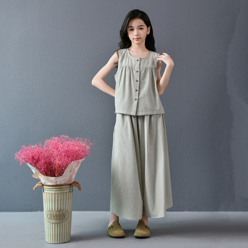 Pants Two-piece Fresh Artistic Culottes Striped Children's Suit