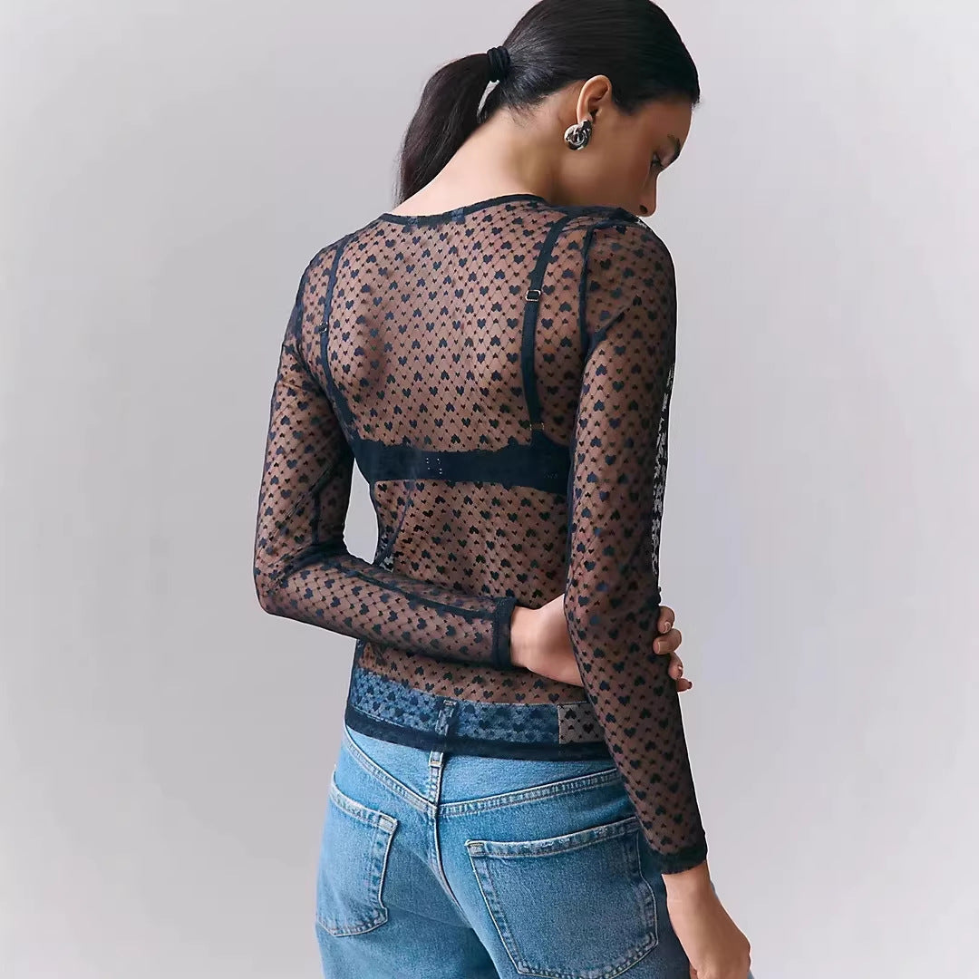 Women's Round Neck Long Sleeve T-shirt Sexy Lace Shirt, Chiffon Shirt