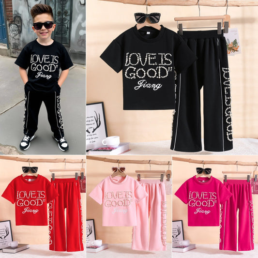 Design Sense Pearl Letter Short Sleeve Children's Suit