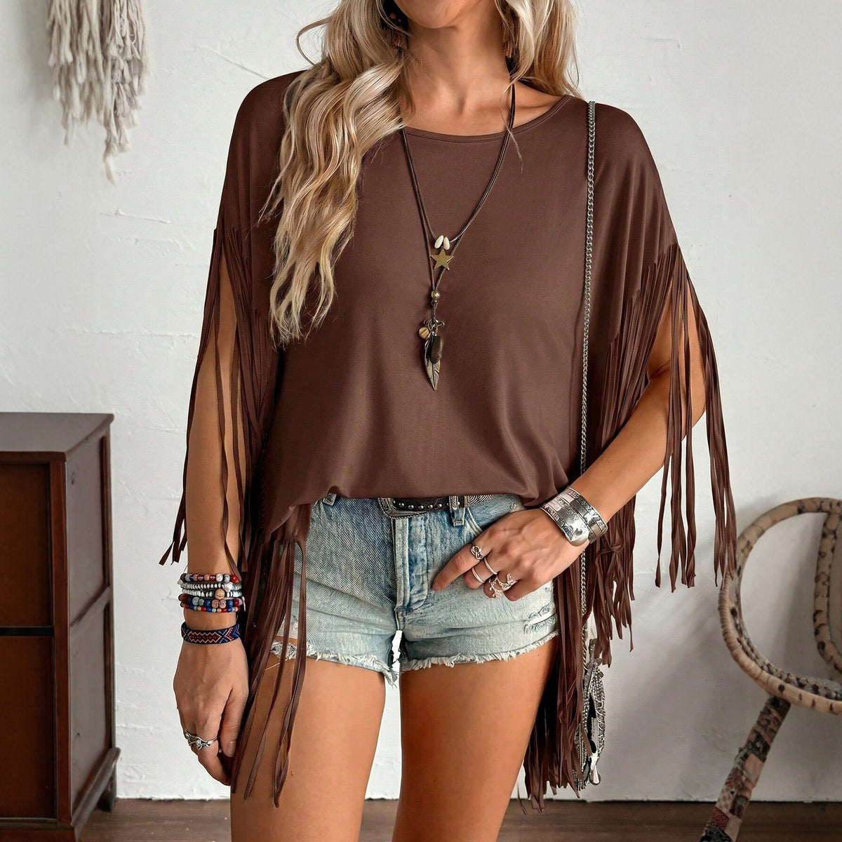 Women's Tassel Long-sleeved Loose Slimming Shawl Fashionable Women's T-shirt