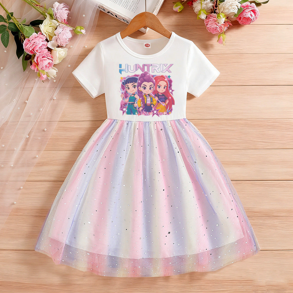 Children's Short Sleeve Clothing Gauze Rainbow Princess Skirt Children's Dress