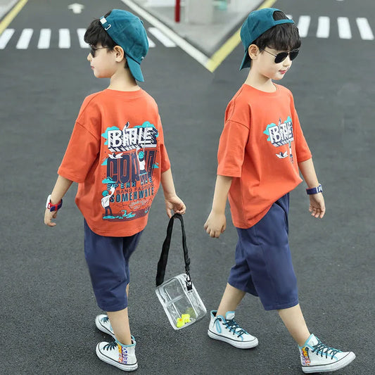 Children's Clothing Short-sleeved Summer Sports Medium Large Handsome Korean Style Fashionable Children's Suit