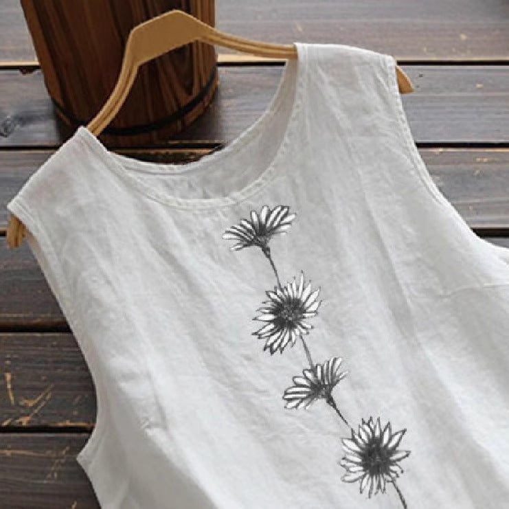 Women's Summer Daisy Print Sleeveless Round Neck Cotton Linen Small Vest/suspenders/tube Top