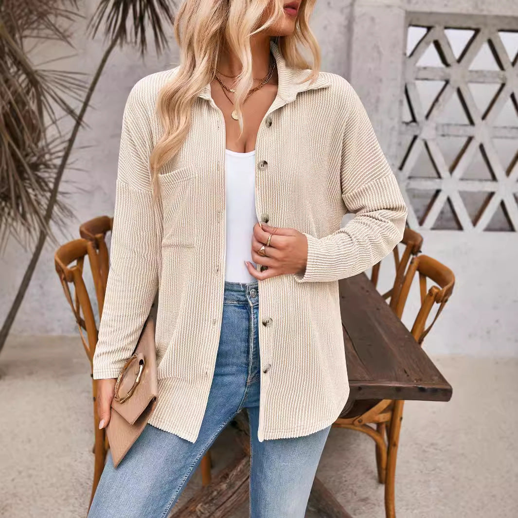 Striped Contrast Color Pocket Long Sleeve Blouse