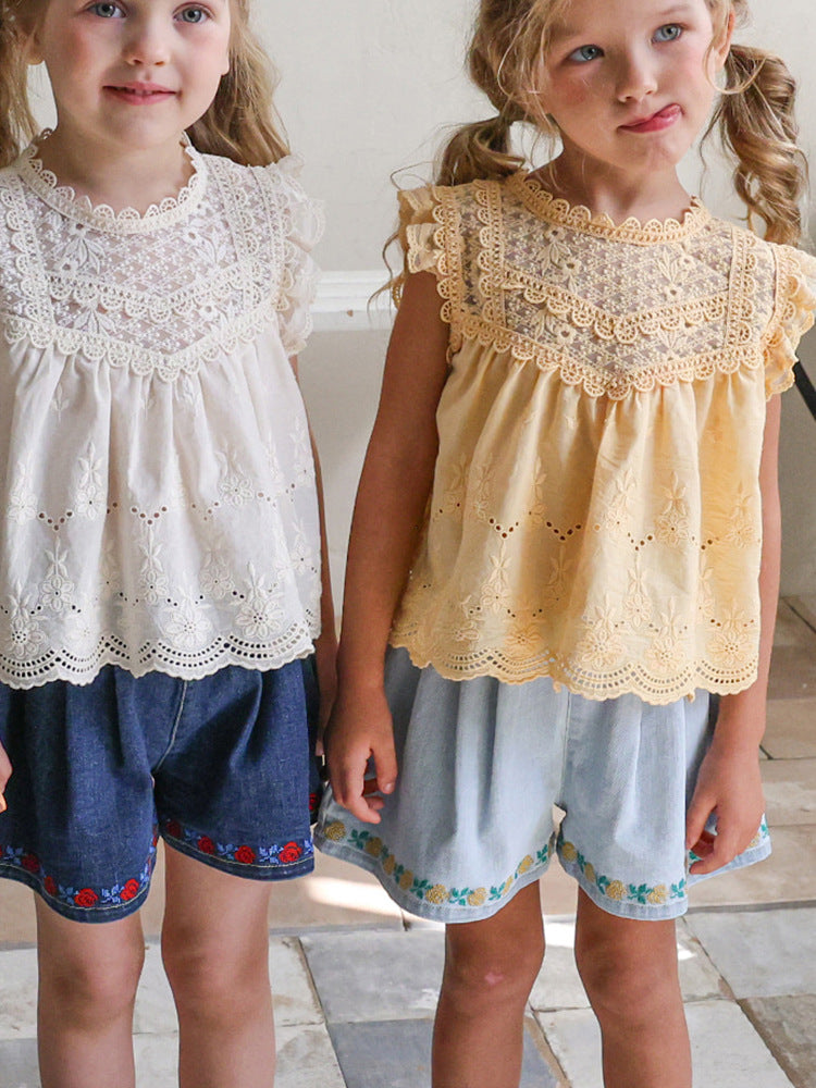 Strawberry Shan Fashionable Embroidery Flower Loose Wide Leg Children's Pants
