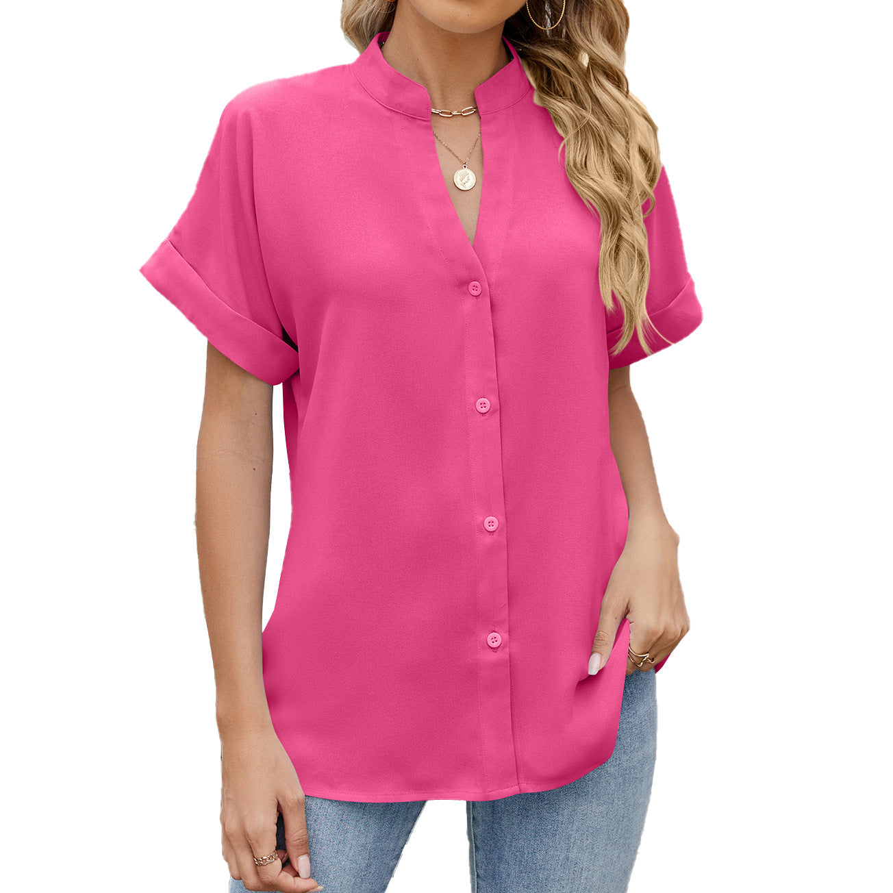 Versatile Solid Color Loose Sleeve Button Shorts