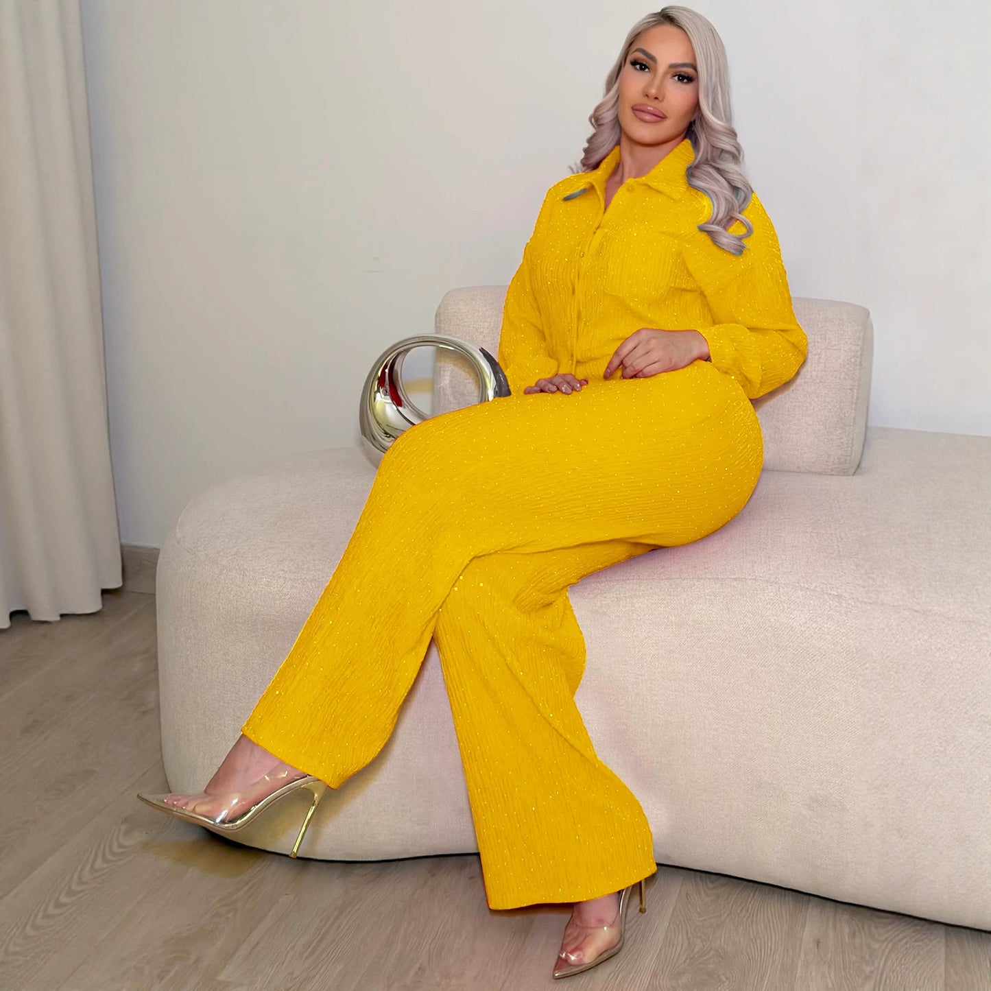 Women's Rhinestone Pleated Long-sleeved Lapel Shirt Trousers Fashion Casual Suit