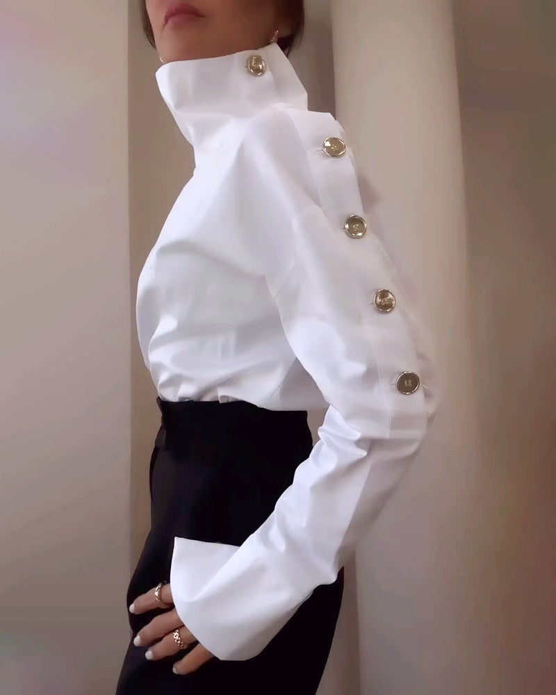 Fashion Solid Color Turtleneck Metal Buckle Blouse