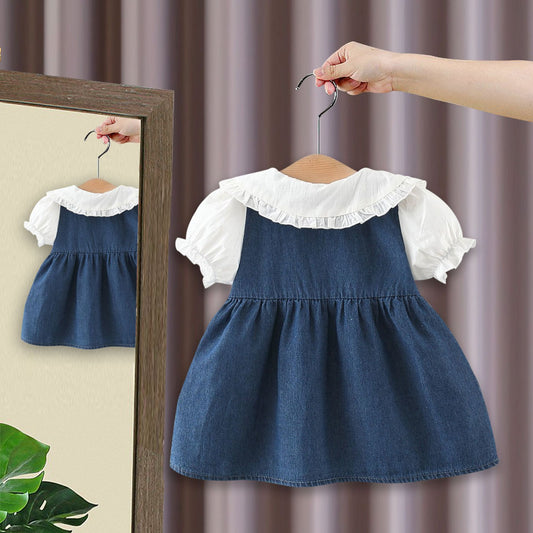 Children's Summer Denim Flower Short-sleeved Clothing Shirt Children's Dress