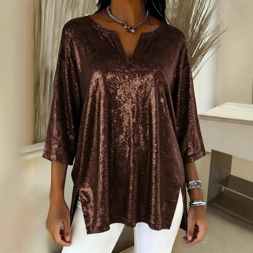 Women's Shiny Loose Long Sleeve Split Cropped Tops