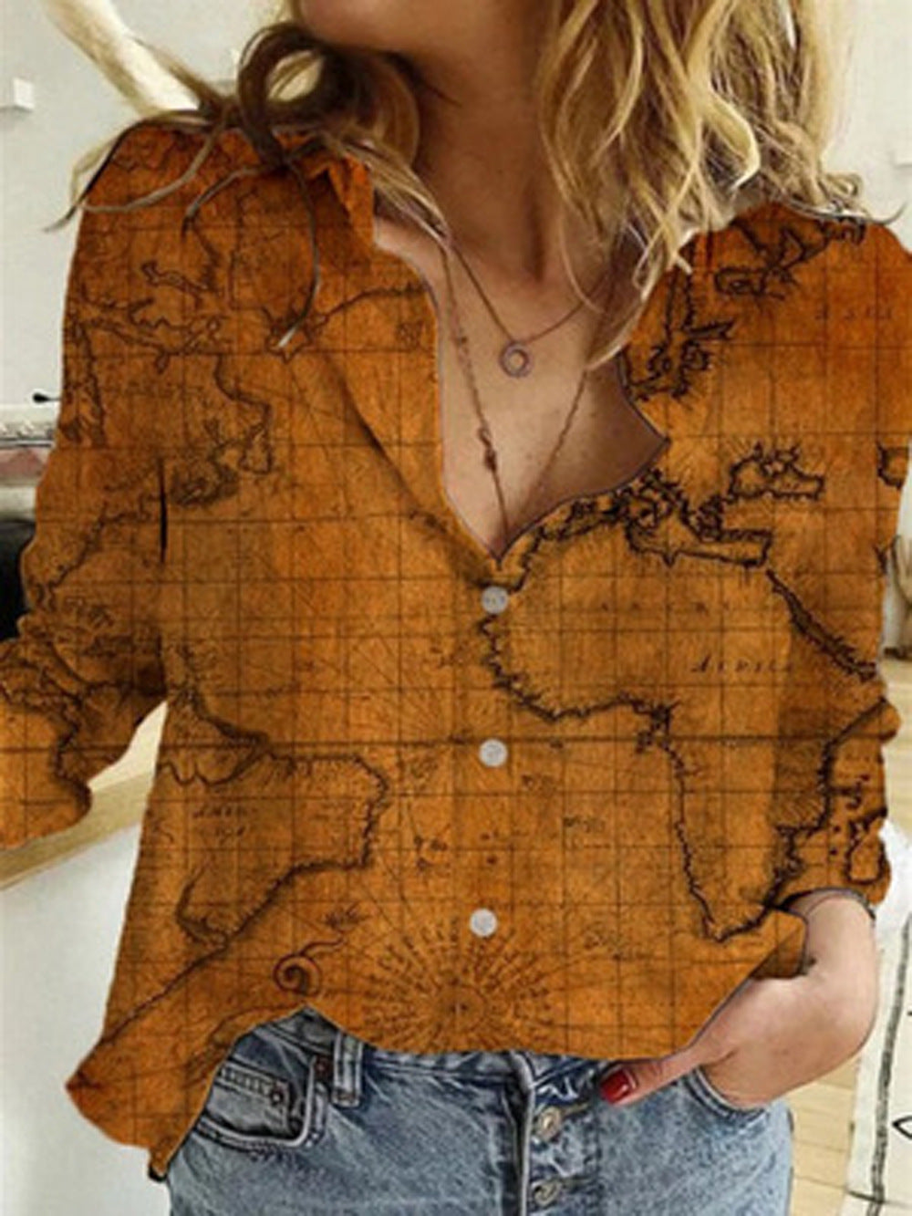Women's Shirt Map Depicting Printed Long-sleeved Blouse