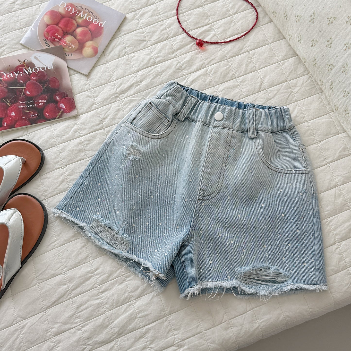 Children's Xie Denim Shorts Hot Drilling Frayed Summer Clothes Fifth Medium Children's Pants