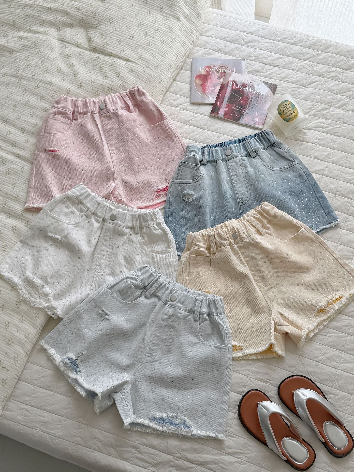 Children's Xie Denim Shorts Hot Drilling Frayed Summer Clothes Fifth Medium Children's Pants
