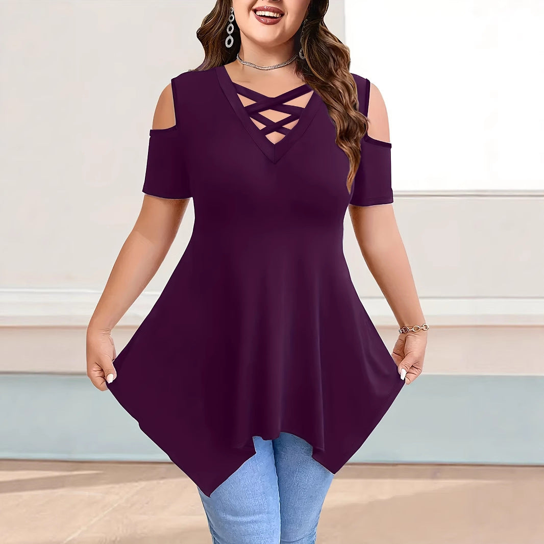 Women's Collar Cross Strap Sleeve Solid Color Tops