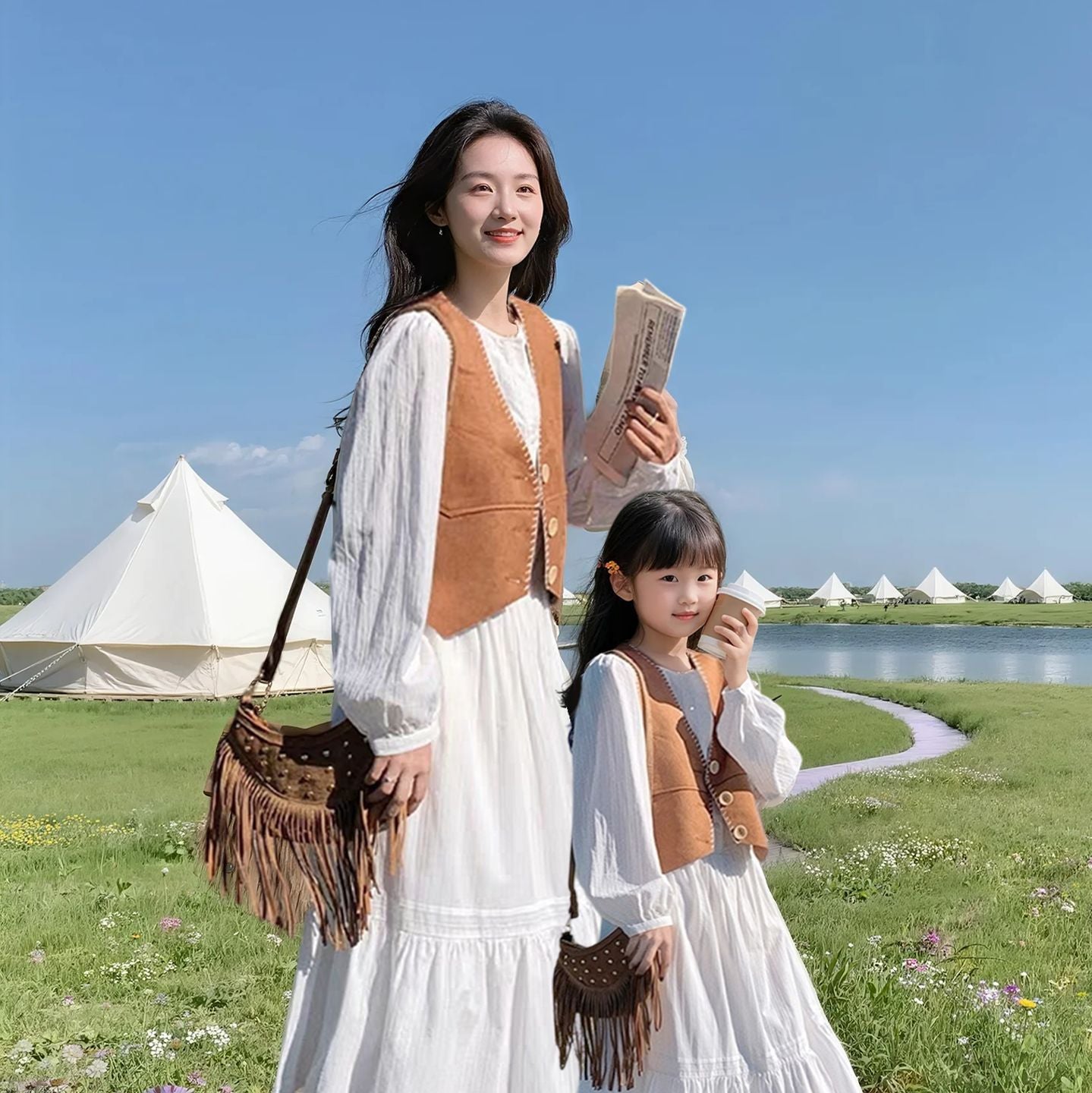 French Retro Ethnic Style Waistcoat Dress Parent-child Outfit