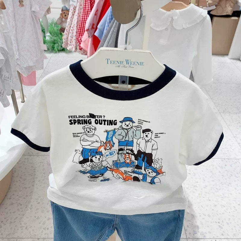 Cotton Summer Korean Style Little Bear Boys Cartoon Printed Pure Children's T-shirt