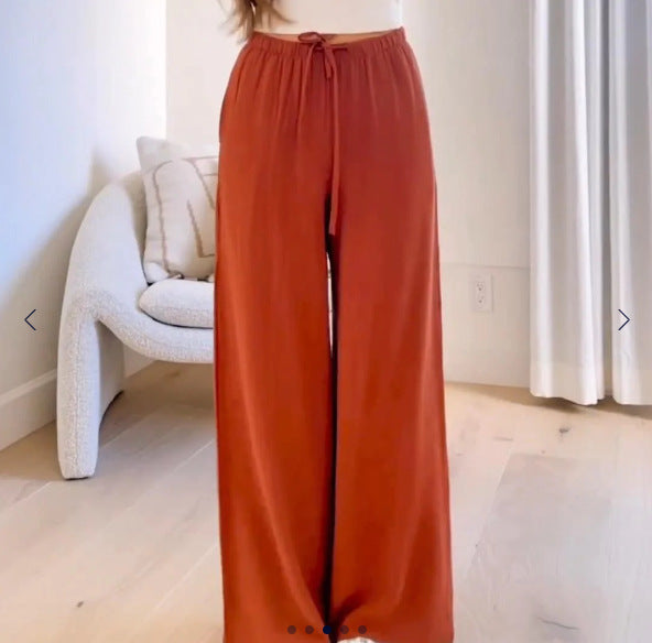 Women's Cotton Linen Drawstring High Waist Wide Casual Pants