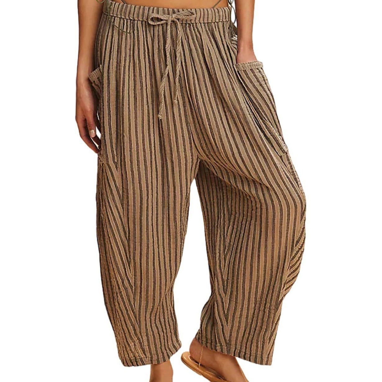 Women's Stripes Elastic Waist Cropped Pleated Breathable Casual Pants