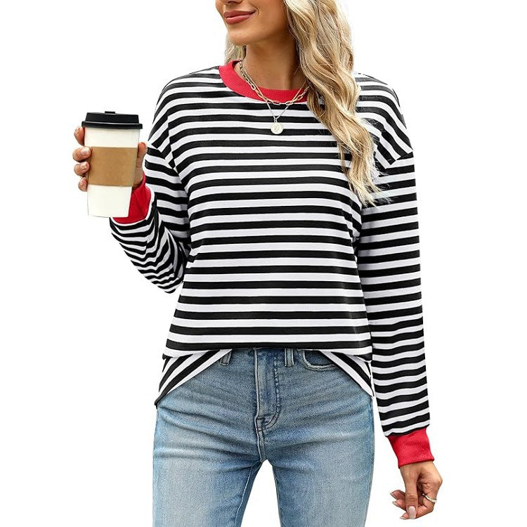 Women's Fashion Color Contrast Loose Round Neck Women's T-shirt