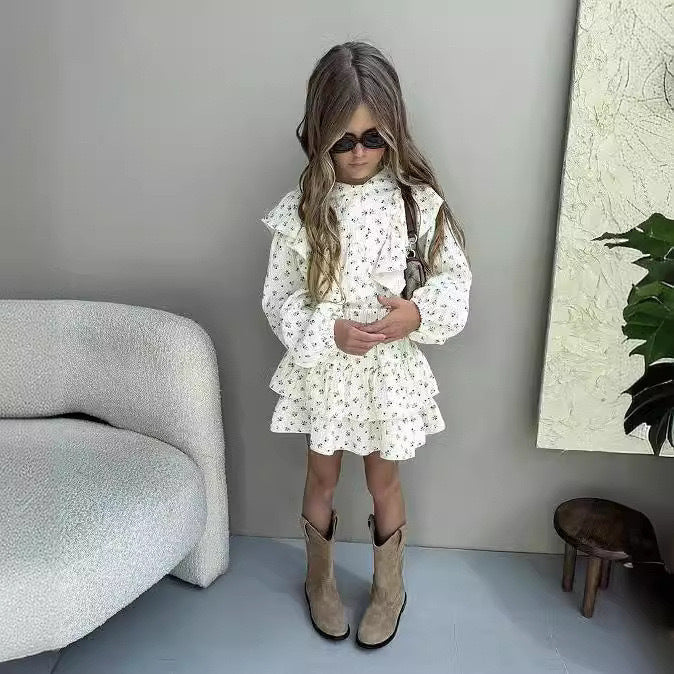 Floral Cotton Linen Lace Shirt Tiered Skirt Children's Suit