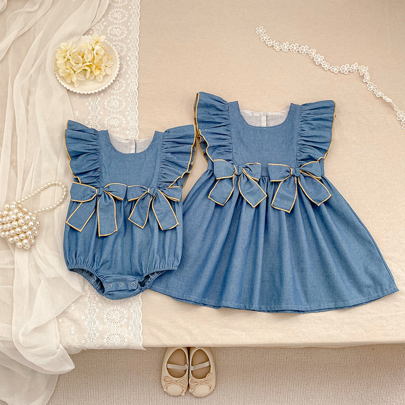 Children's Summer Korean Style Bow Sleeveless Denim Clothes For Babies Jumpsuit Children's Dress