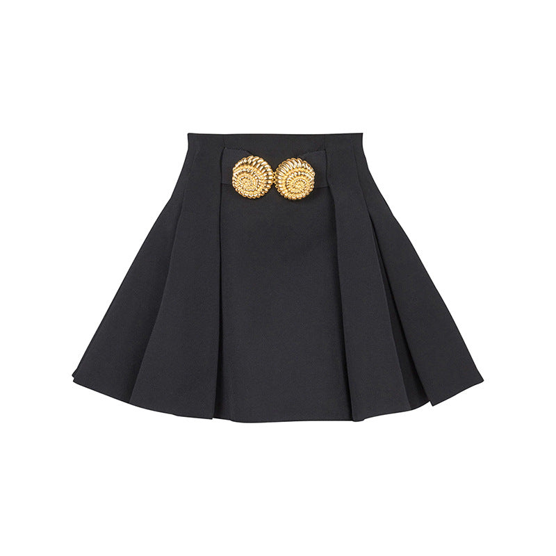 Fashion Large Metal Buckle Decorative Pleated Skirt